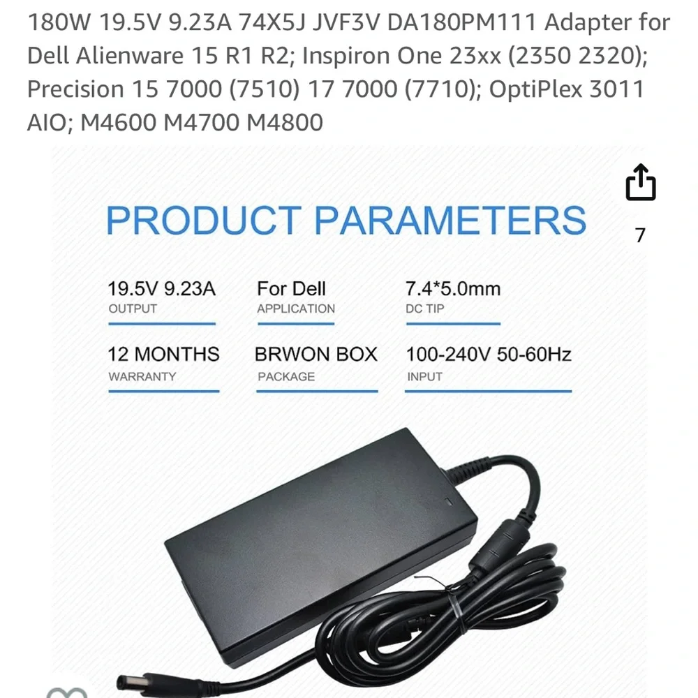 Power Supply For Dell Alliance Laptop DA180PM111 model #